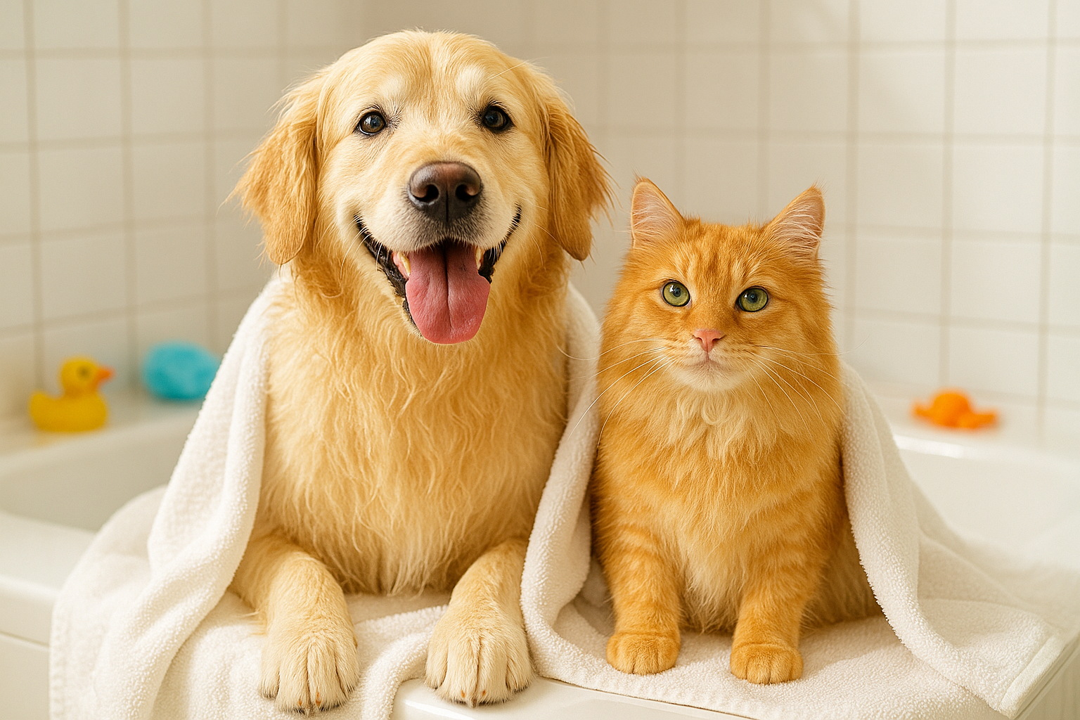 happy clean dog and cat